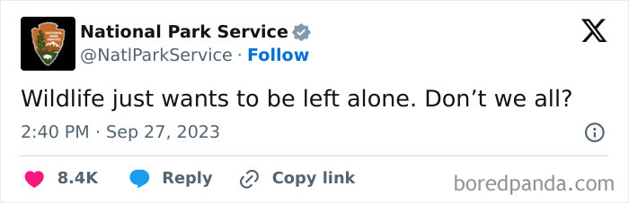 A tweet from the National Park Service humorously commenting on wildlife wanting to be left alone.