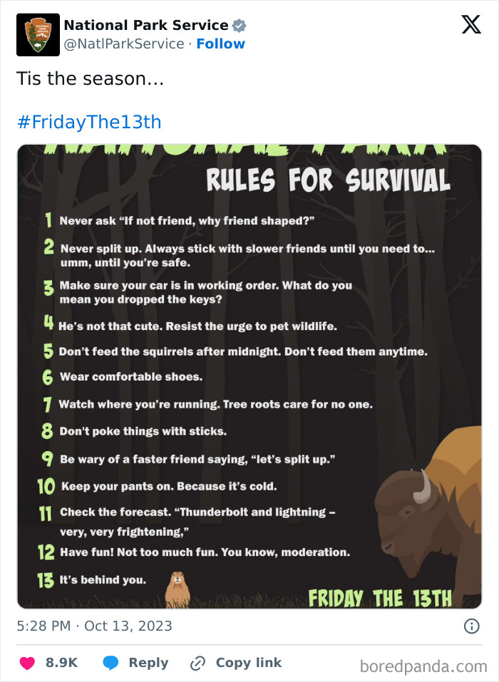 National Park Service funny survival rules tweet for Friday the 13th with humorous outdoor advice and wildlife warnings.