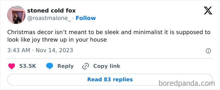 Tweet about Christmas decor humor, describing it as joyful chaos, featured in funniest tweets from women this week.