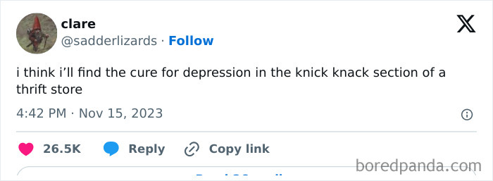 Tweet about depression by a woman, humorously mentioning finding a cure in a thrift store, from funniest tweets collection.