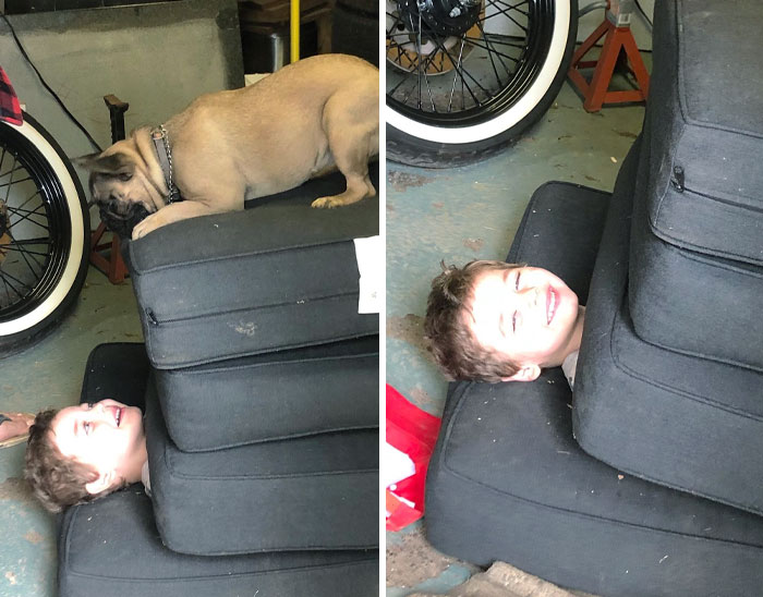 So, This Is What Happens When Dad Is Left In Charge Of The Youngest. Happy Father's Day, Babe. I'm Not Sure That Is What The Outdoor Cushions Are For