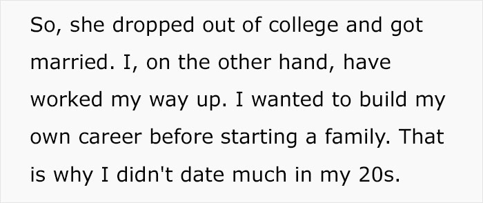 Text excerpt discussing a stay-at-home mom's views on career and family choices in a parenting conflict. Text excerpt discussing a stay-at-home mom's views on career and family choices in a parenting conflict.