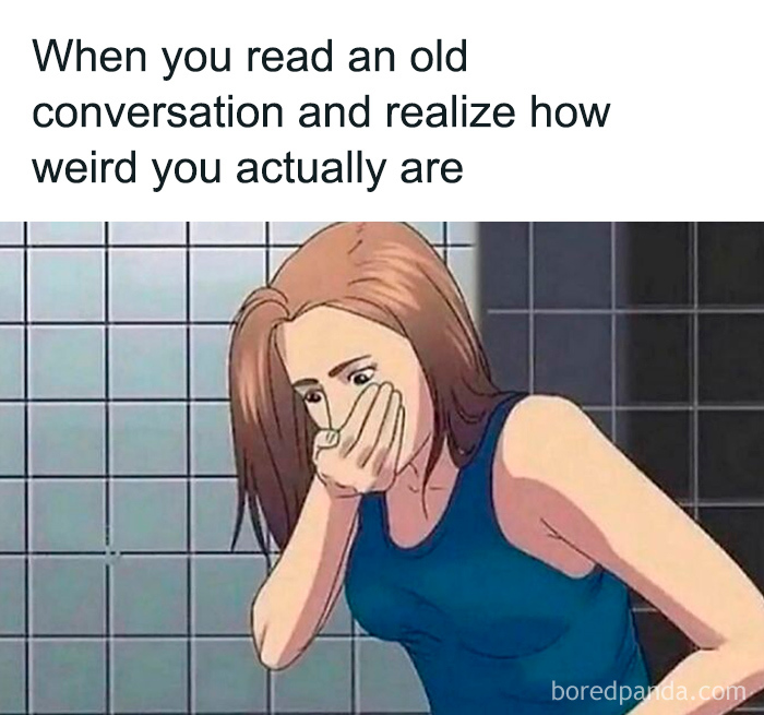 Woman in blue tank top looking shocked and covering her mouth, illustrating confusing and unsettling pics from I Would Prefer Not To.