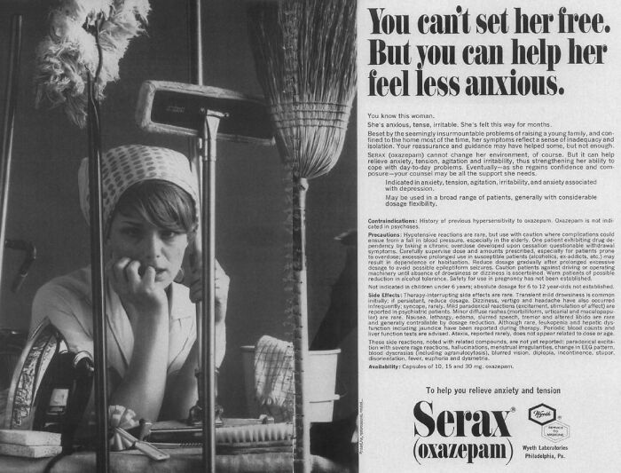 Vintage advertisement for Serax oxazepam showing anxious woman with household cleaning tools, highlighting anxiety relief and tension reduction.