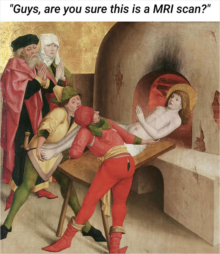 Medieval artwork with a humorous caption about an MRI scan, featuring a group of people looking at a figure.