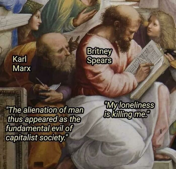 Medieval meme showing philosophers labeled as Karl Marx and Britney Spears with humorous text.