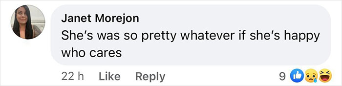 Comment discusses inked look, saying it doesn't matter if she's happy, includes user reactions.