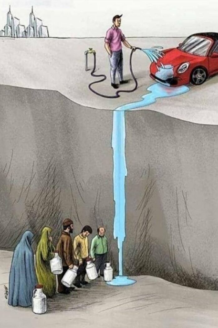 Man washing car with water while people below wait for water, highlighting issues wrong with society and resource inequality.