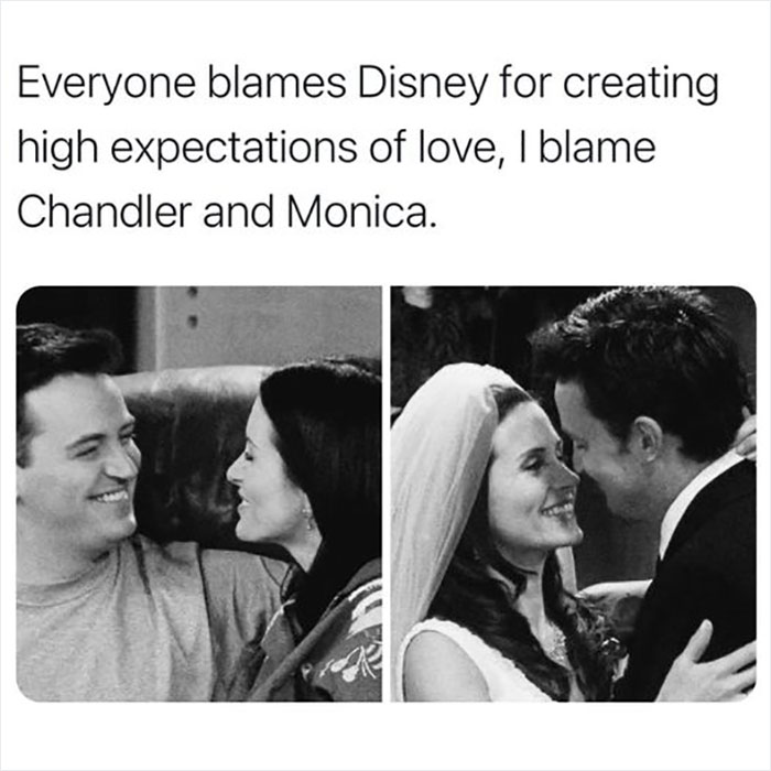 Chandler and Monica from "Friends" meme about love expectations.