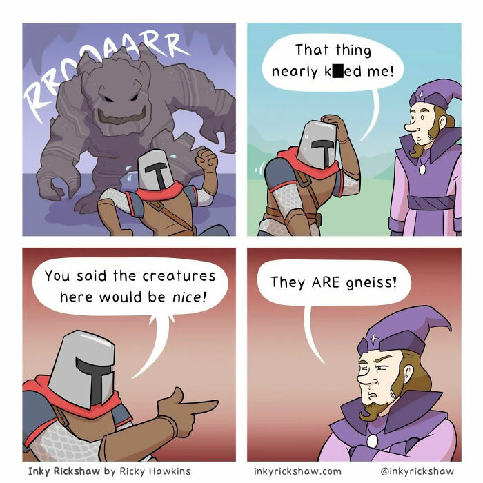 Comic with unexpected endings showing a knight and wizard facing a surprising rocky creature in a humorous scene.