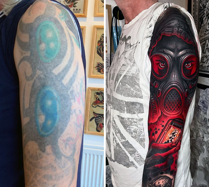 Tattoo regret transformed into a vibrant gas mask design, showcasing an impressive artistic upgrade on the arm.