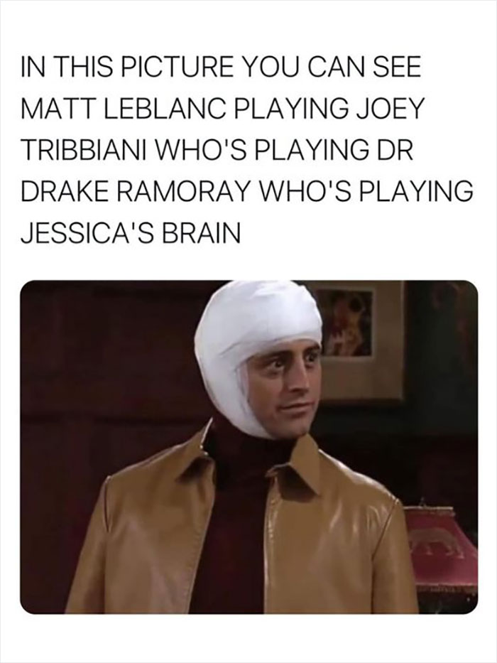 Funny Friends meme with Joey Tribbiani in a brown jacket and head bandage, delivering a comedic line.