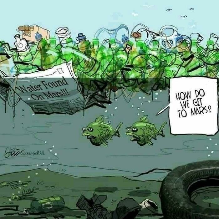 Polluted water with plastic bottles and trash, fish asking how to get to Mars highlighting society problems.