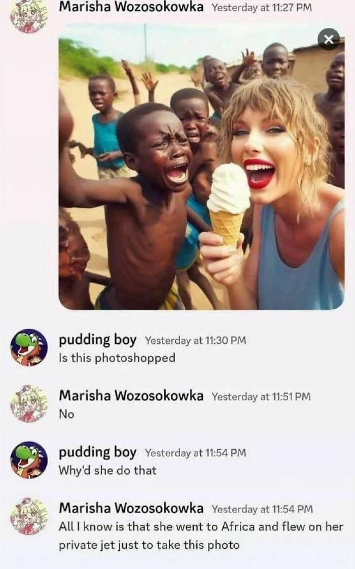 Hilariously cursed AI image of a woman with an ice cream cone surrounded by laughing children.
