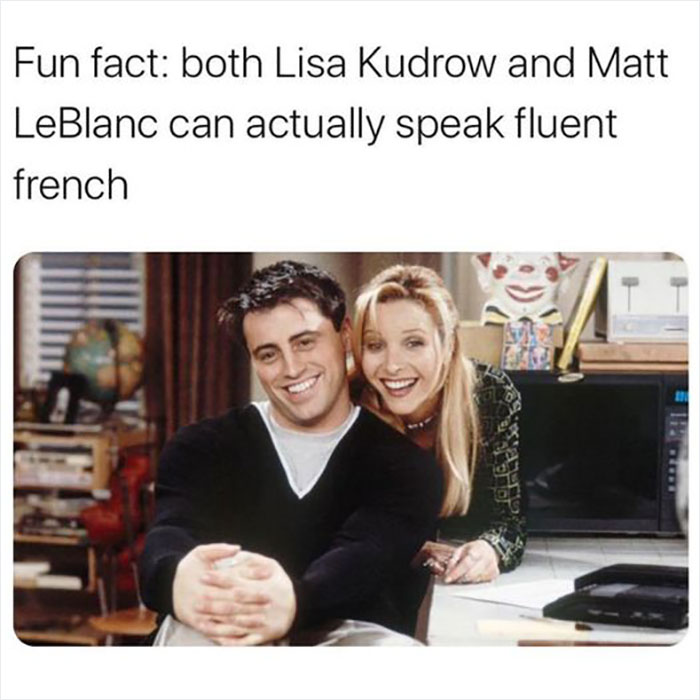 "Friends cast members smiling in a kitchen with a funny fact about their language skills displayed above."