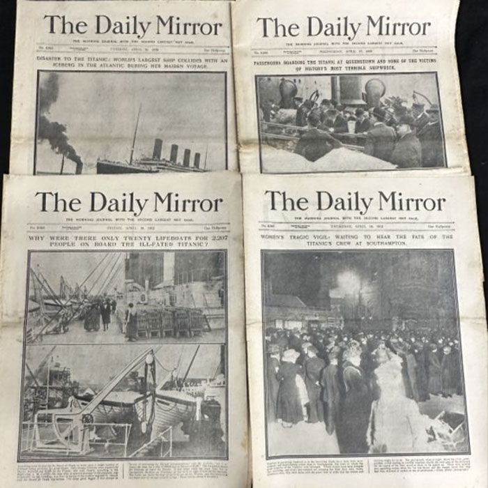 Jornais Vintage Daily Mirror reportando sobre o Titanic, apresentando insights históricos sobre a tragédia.