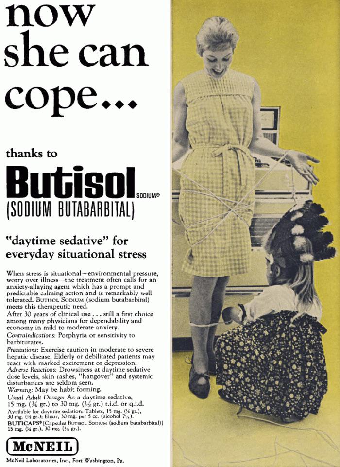 Vintage advertisements showing a woman and child with 1960s style, promoting a sedative for situational stress relief.