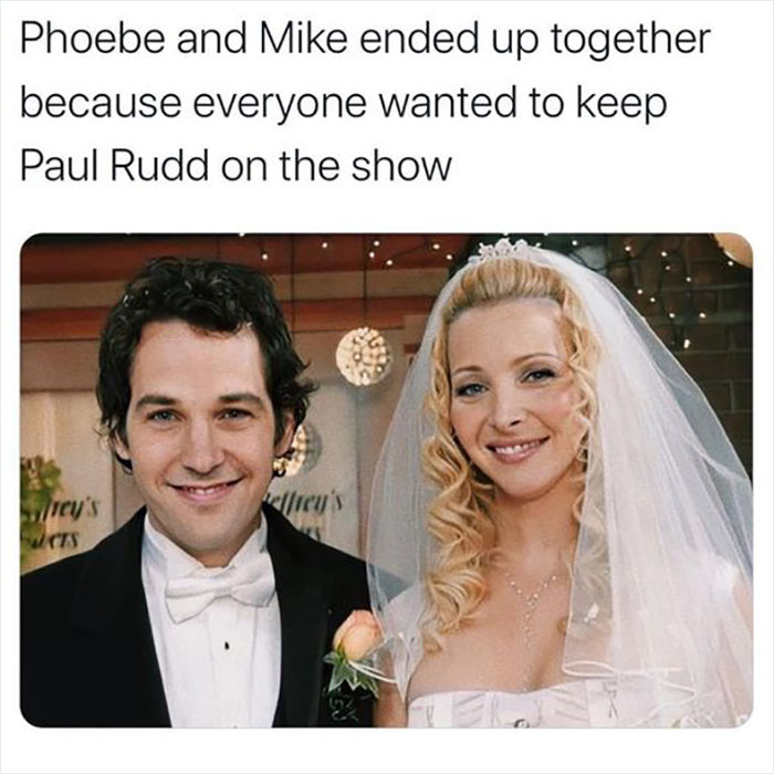"Funny 'Friends' meme with Phoebe and Mike in wedding attire, referencing a plot decision to keep an actor on the show."