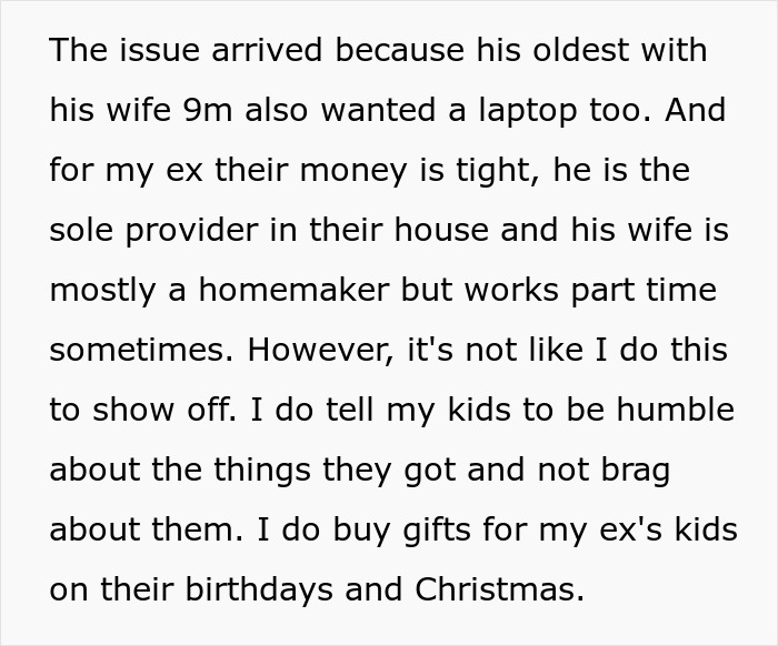 Text excerpt discussing money issues between a woman, her ex, and his wife regarding children and gift-giving.