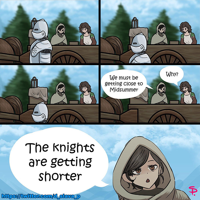 Medieval meme comic with a funny dialogue about knights getting shorter as midsummer approaches.