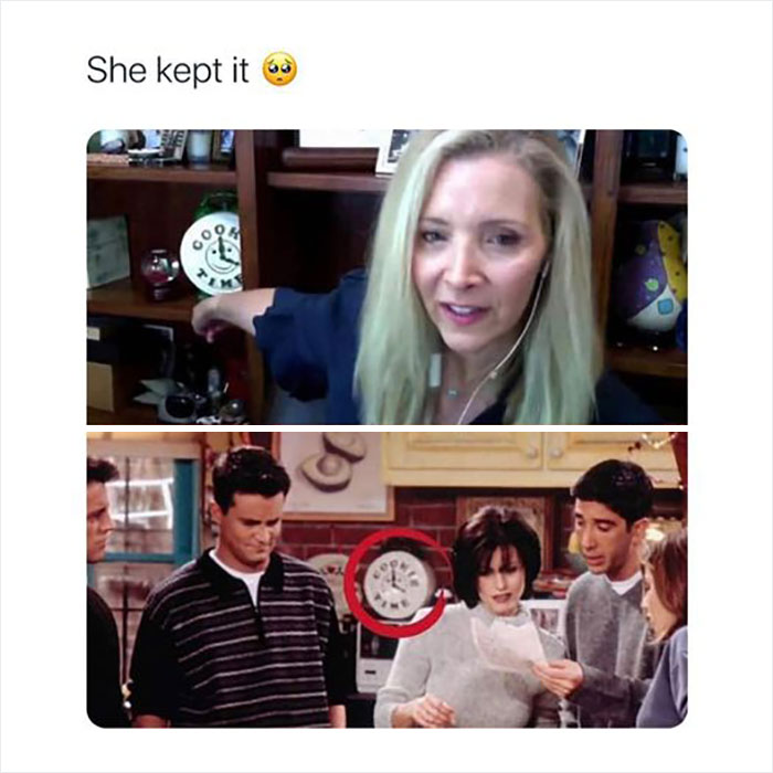 "Friends meme showing a funny connection with a clock kept in a virtual session background."