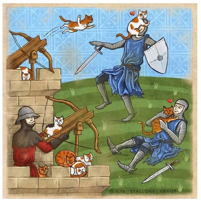 Medieval meme with armored knights and playful cats in a humorous battle scene.