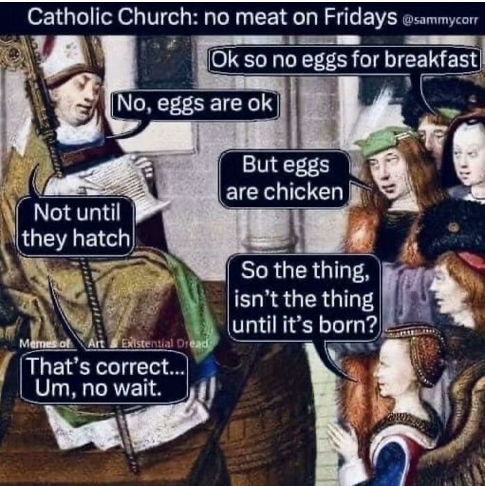 Medieval meme with people debating if eggs count as chicken during Lent, featuring humorous dialogue.