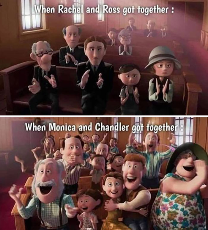 Cartoon characters react indifferently to Rachel and Ross, excitedly to Monica and Chandler in funny "Friends" meme.