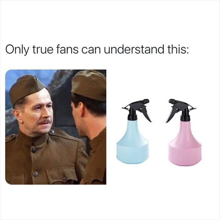 "Friends meme with soldiers and spray bottles, captioned 'Only true fans can understand this.'"