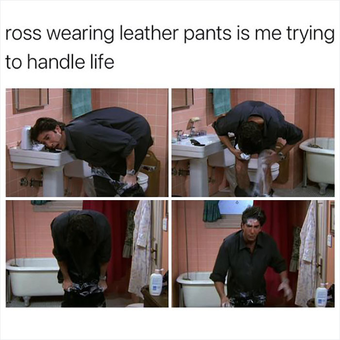 Ross struggling with leather pants in a bathroom, humorous "Friends" meme scene.