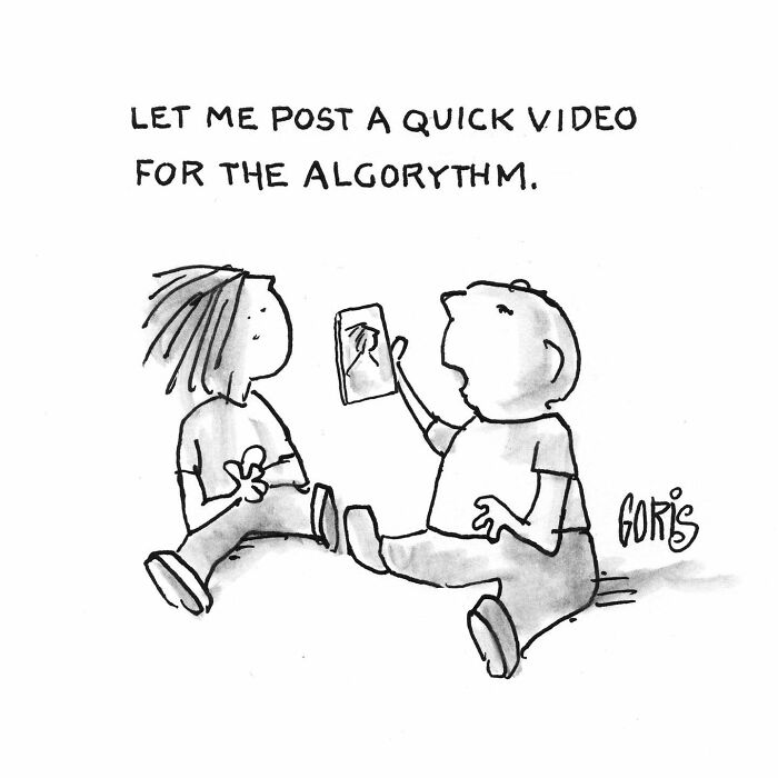 Cartoon by Dennis Goris showing two kids, one posting a video for the algorithm, illustrating everyday life and politics.