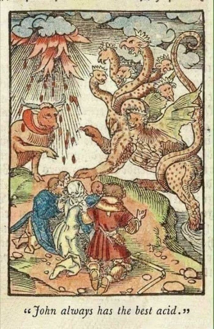 Medieval meme depicting people amazed by a multi-headed beast under a volcano, with humorous caption below.