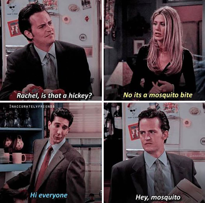 Hilarious "Friends" meme featuring characters in a comedic conversation about a hickey and a mosquito bite.