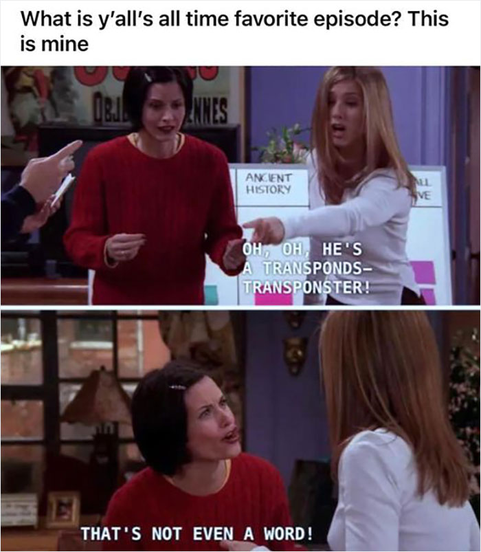 "Two women debating a word, humorous 'Friends' meme referencing a favorite episode, in a lively setting."