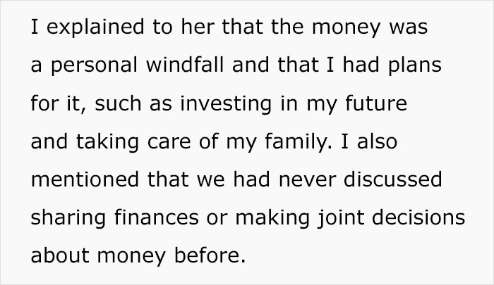 Text excerpt about lottery winner refusing to share prize, explaining personal plans and family care without joint financial decisions.
