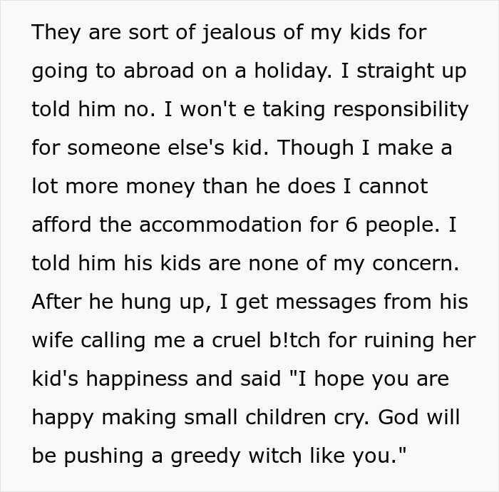 Alt text: Text message exchange about refusing to take ex&rsquo;s kids on Italy trip, causing conflict and being called a greedy witch.