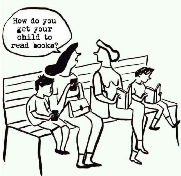 A social commentary cartoon showing parents on phones while children next to them read books, highlighting society issues.