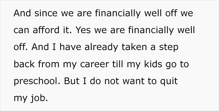 Text excerpt from a stay-at-home mom explaining financial stability and career plans while discussing daycare choices. Text excerpt from a stay-at-home mom explaining financial stability and career plans while discussing daycare choices.