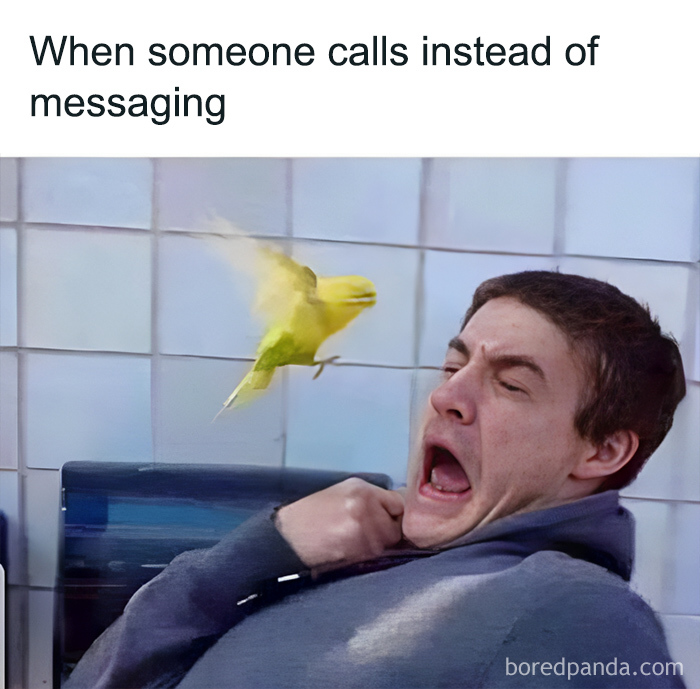 Man startled by a yellow bird flying close to his face, illustrating a hilarious and unsettling moment from I Would Prefer Not To.