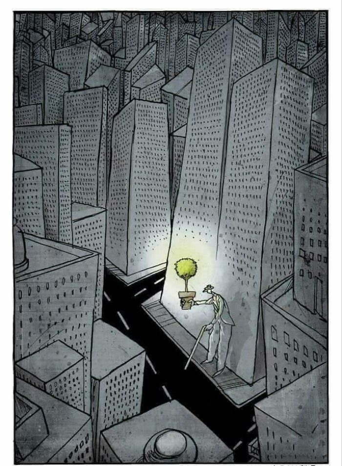 Man holding glowing potted tree in a gray cityscape, highlighting issues in society through symbolic imagery.