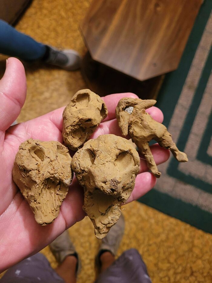 My 7yr Old Brother Has Been Making These Figures Out Of Mud & Leaving Them On Neighbors Door Steps. A Gift? A Curse? Idk Lol