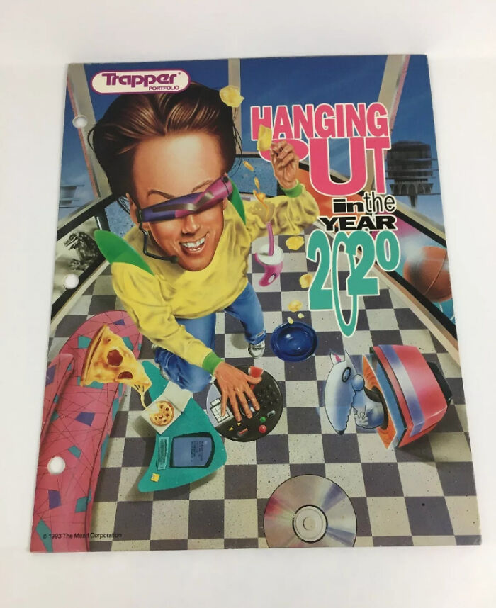 Cartoon character in futuristic '90s fashion on checkerboard floor with gadgets and snacks, evoking nostalgia.