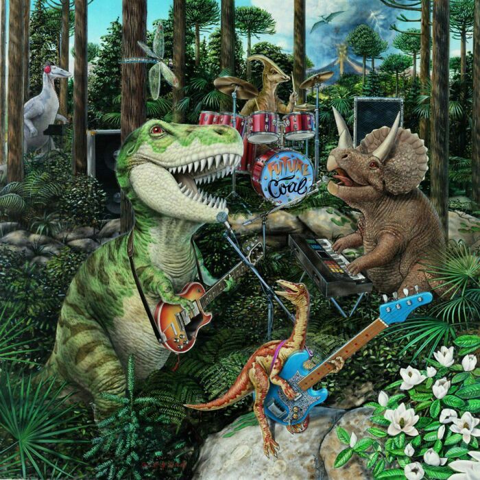 Dinosaurs playing instruments in a forest, evoking '90s nostalgia with their rock band setup.