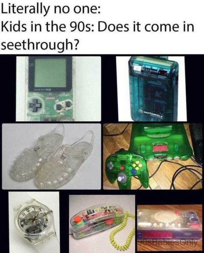90s nostalgia items: Transparent Game Boy, Motorola pager, jelly sandals, N64, clear watch, phone, cassette player.
