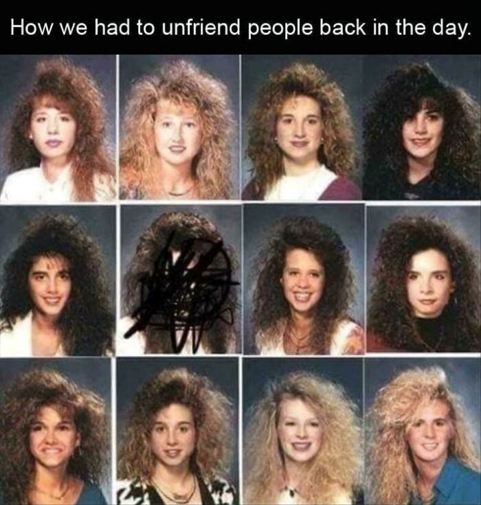 Yearbook photos with big 80s hairstyles, one face humorously scribbled out, depicting aging humor.