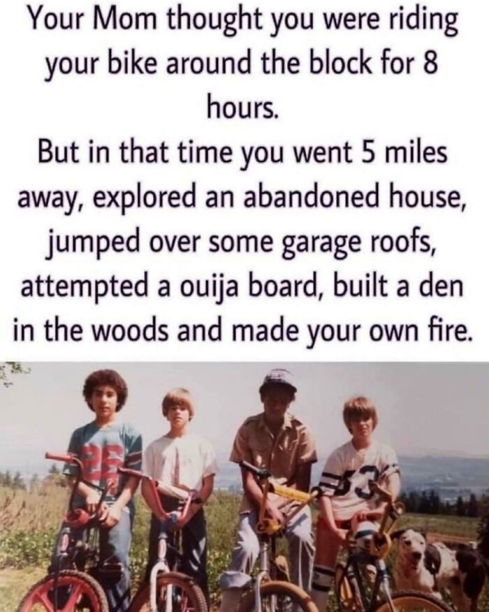 Kids with bikes in a field, under a humorous text about adventurous activities beyond expectations; getting old faster.