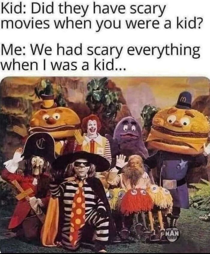 Characters in old costumes from children's shows, evoking nostalgia and humor about aging unexpectedly fast.