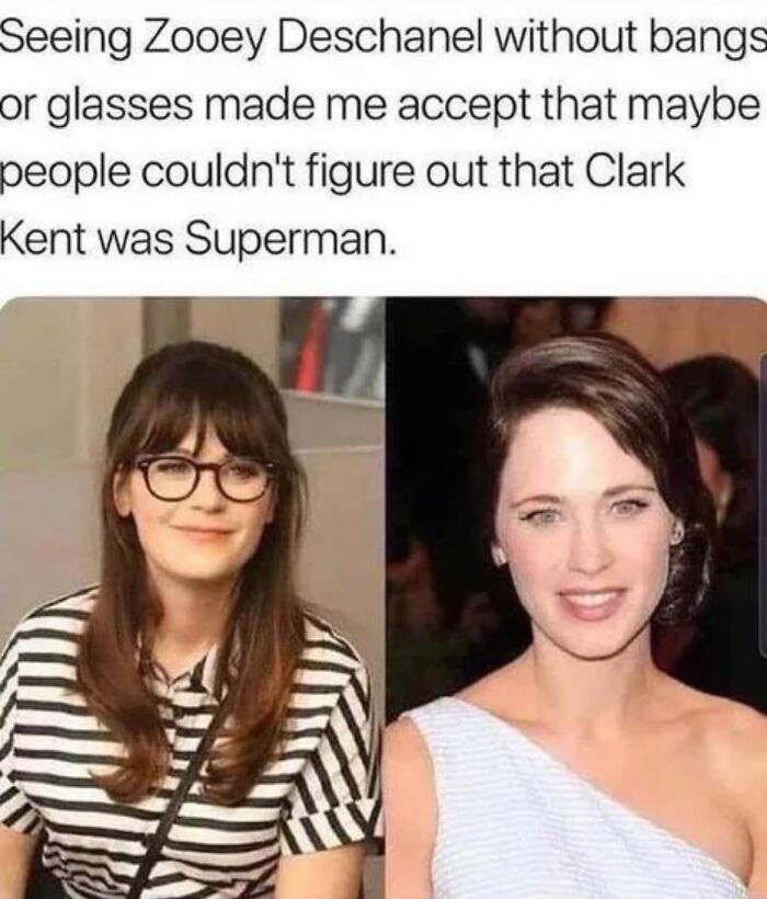 Comparison of Zooey Deschanel with bangs and glasses versus without, illustrating painfully relatable funny memes.