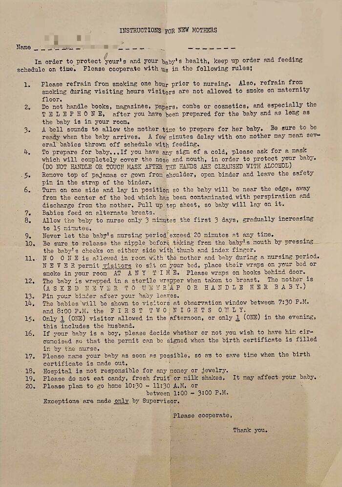 This List Of Rules For New Moms (Hospital Maternity Ward) From The 1940s