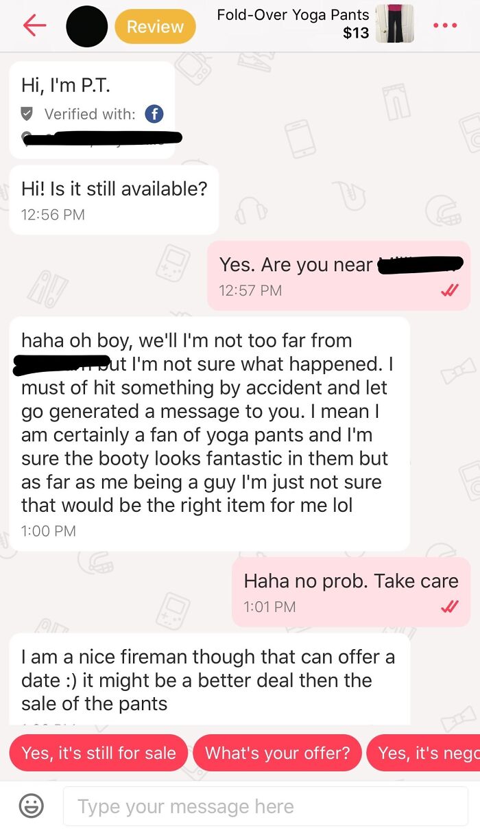 A Fireman Hits On A Yoga Pants Saleswoman In The Guise Of "Accidentally" Messaging Her